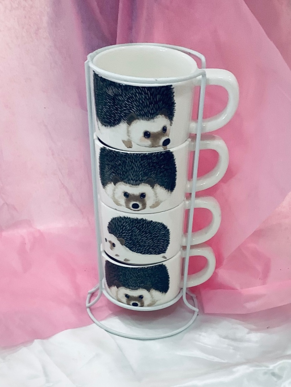DEI Stackable Hedgehog Coffee Mugs With Stand Cute Animal Set Of 4